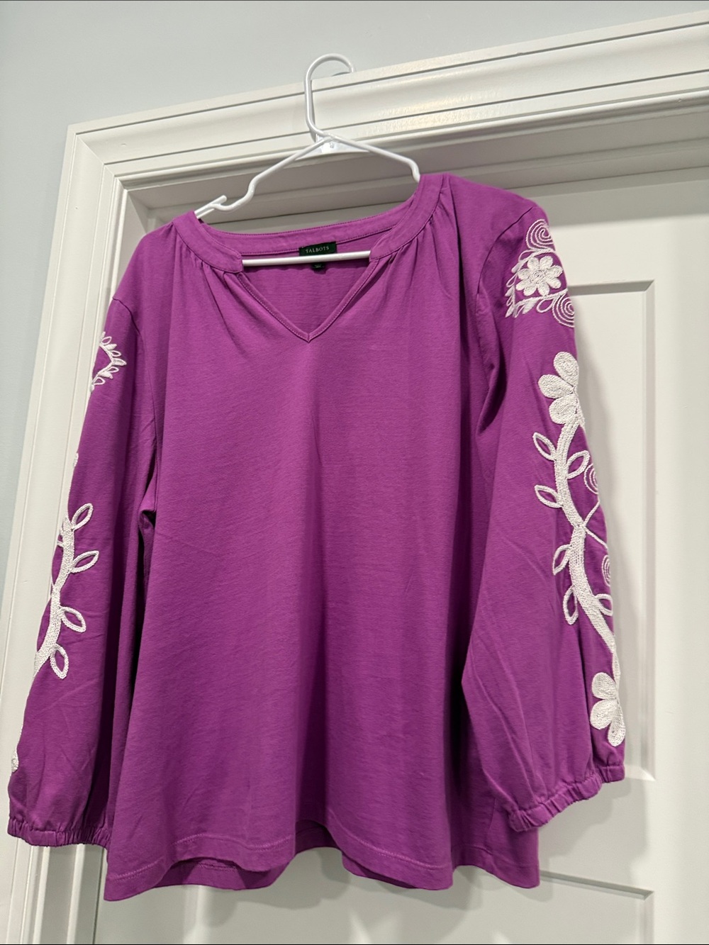 Talbots Purple Long-Sleeve V-Neck Top with White Sleeve Embroidery